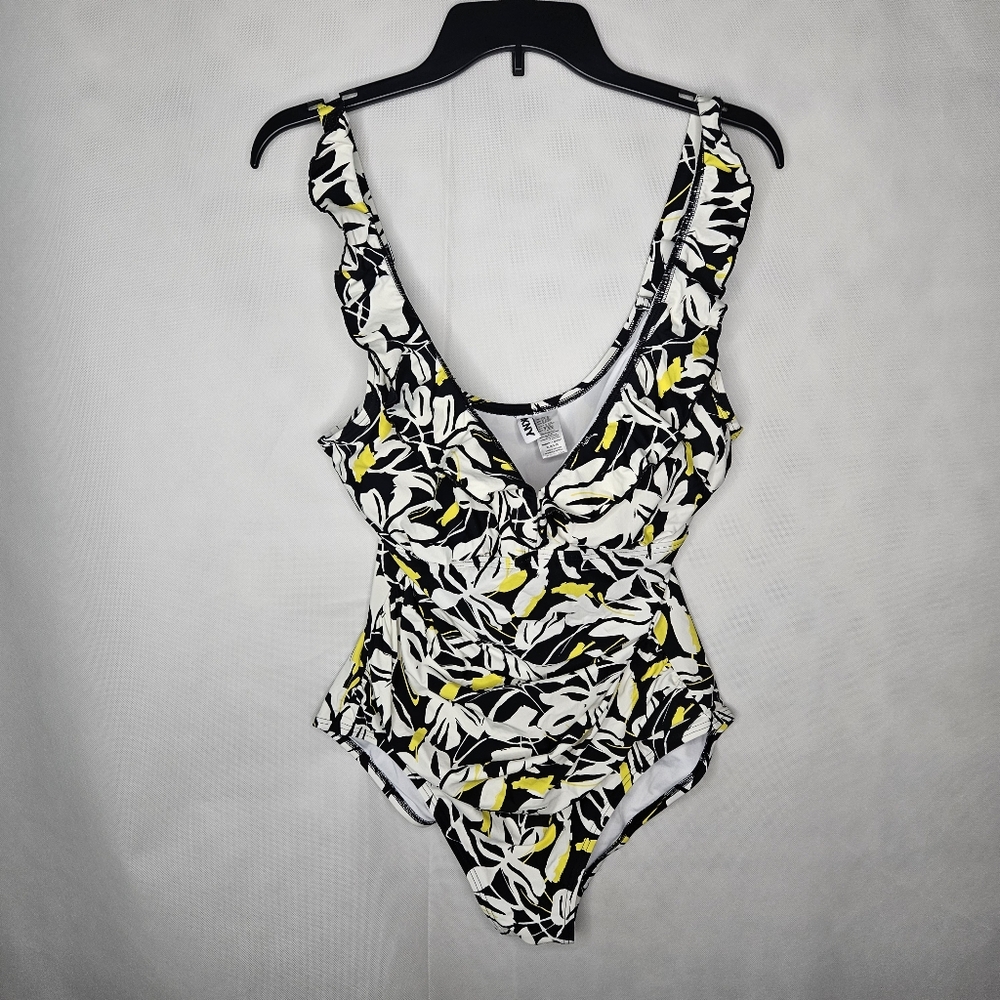 DKNY Women's Ruffle Neck One-Piece Swimsuit Fluorescent Yellow Black & White XL